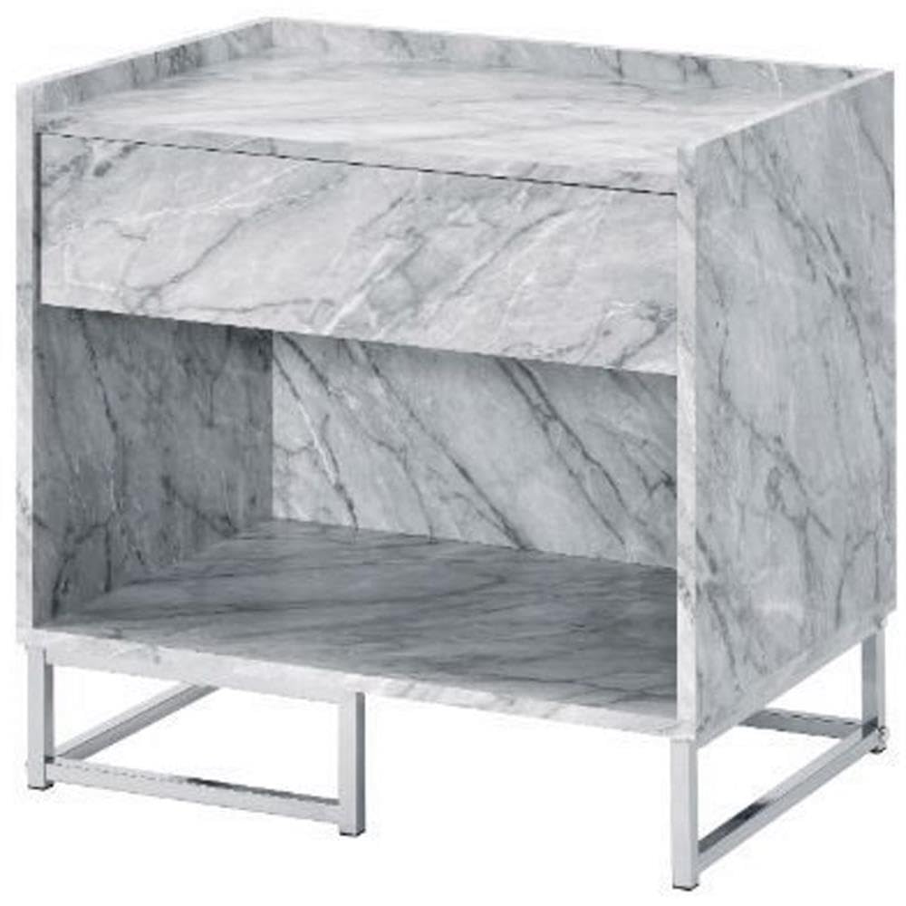 Acme Azrael Faux Marble Nightstand With Metal Base In White And Chrome